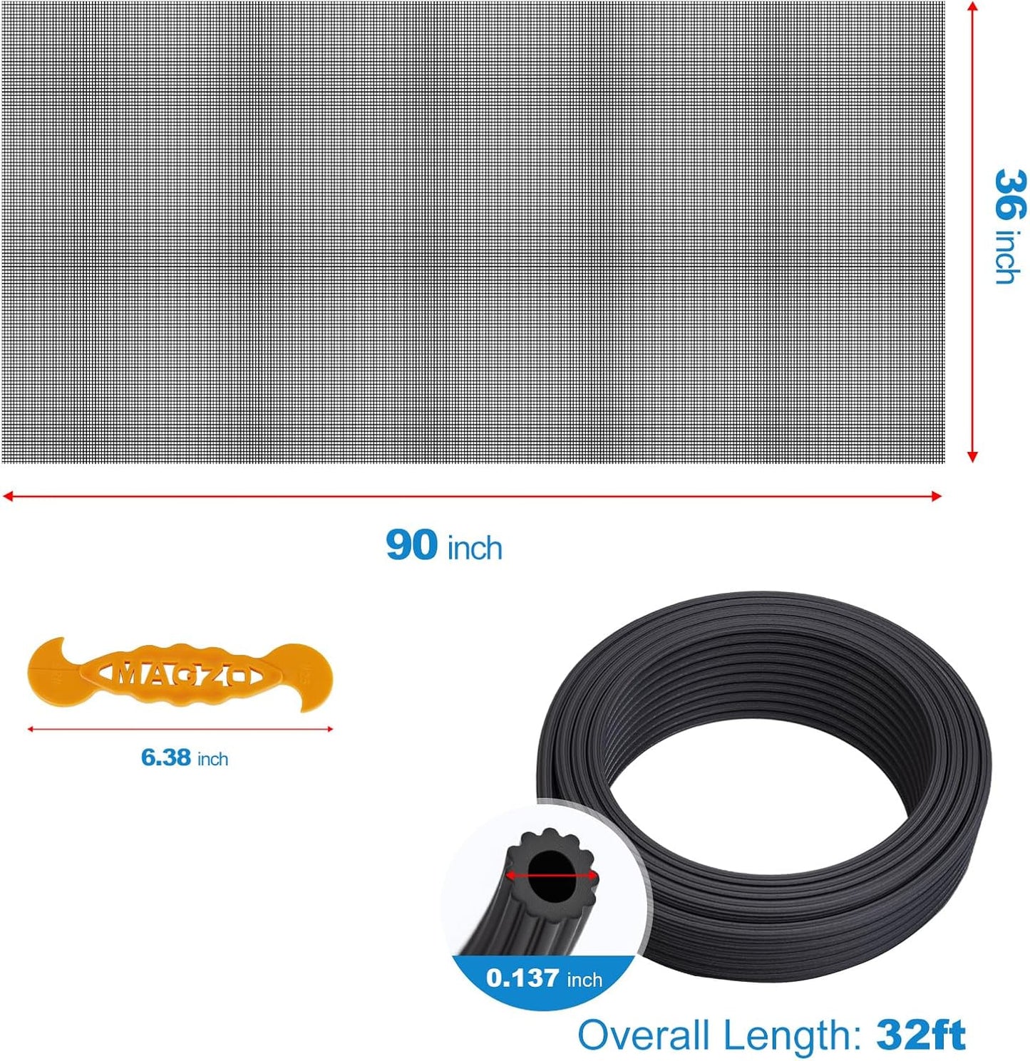 Window Screen Replacement Kit, 48"W × 99"L Durable Polyester Adjustable Screen Mesh with Retainer Spline (32ft) for DIY Project Window Screen Door Screen Replacement & Repair, Black