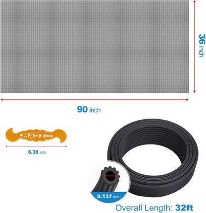 Window Screen Replacement Kit, 48"W × 99"L Durable Polyester Adjustable Screen Mesh with Retainer Spline (32ft) for DIY Project Window Screen Door Screen Replacement & Repair, Black