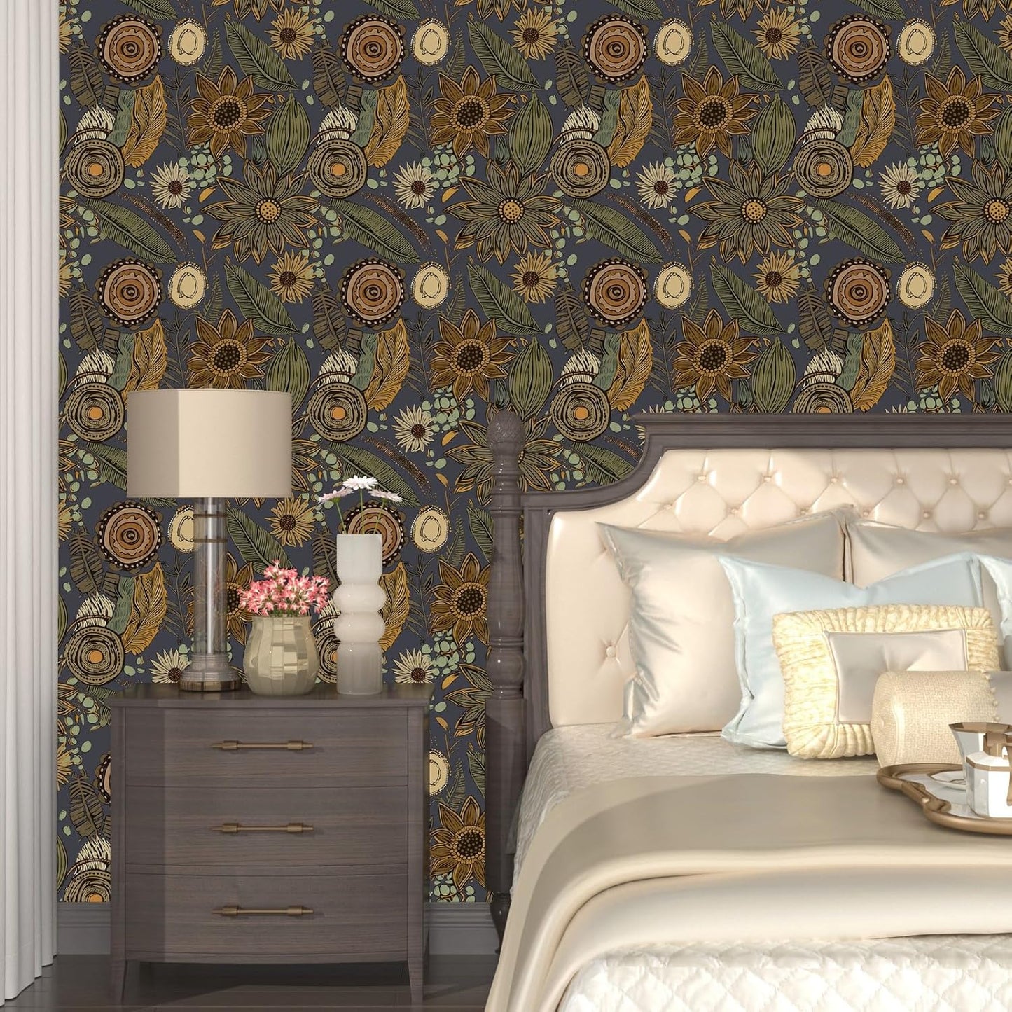 Blue Wallpaper Peel and Stick,Vintage Boho Floral Contact Paper 17.5" x 118", Retro Botanical Flower Wall Paper Self Adhesive Removable Waterproof for Walls Shelves Cabinet Table (Blue,Yellow, Green)