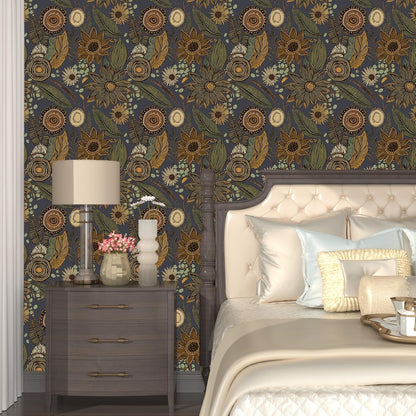 Blue Wallpaper Peel and Stick,Vintage Boho Floral Contact Paper 17.5" x 118", Retro Botanical Flower Wall Paper Self Adhesive Removable Waterproof for Walls Shelves Cabinet Table (Blue,Yellow, Green)
