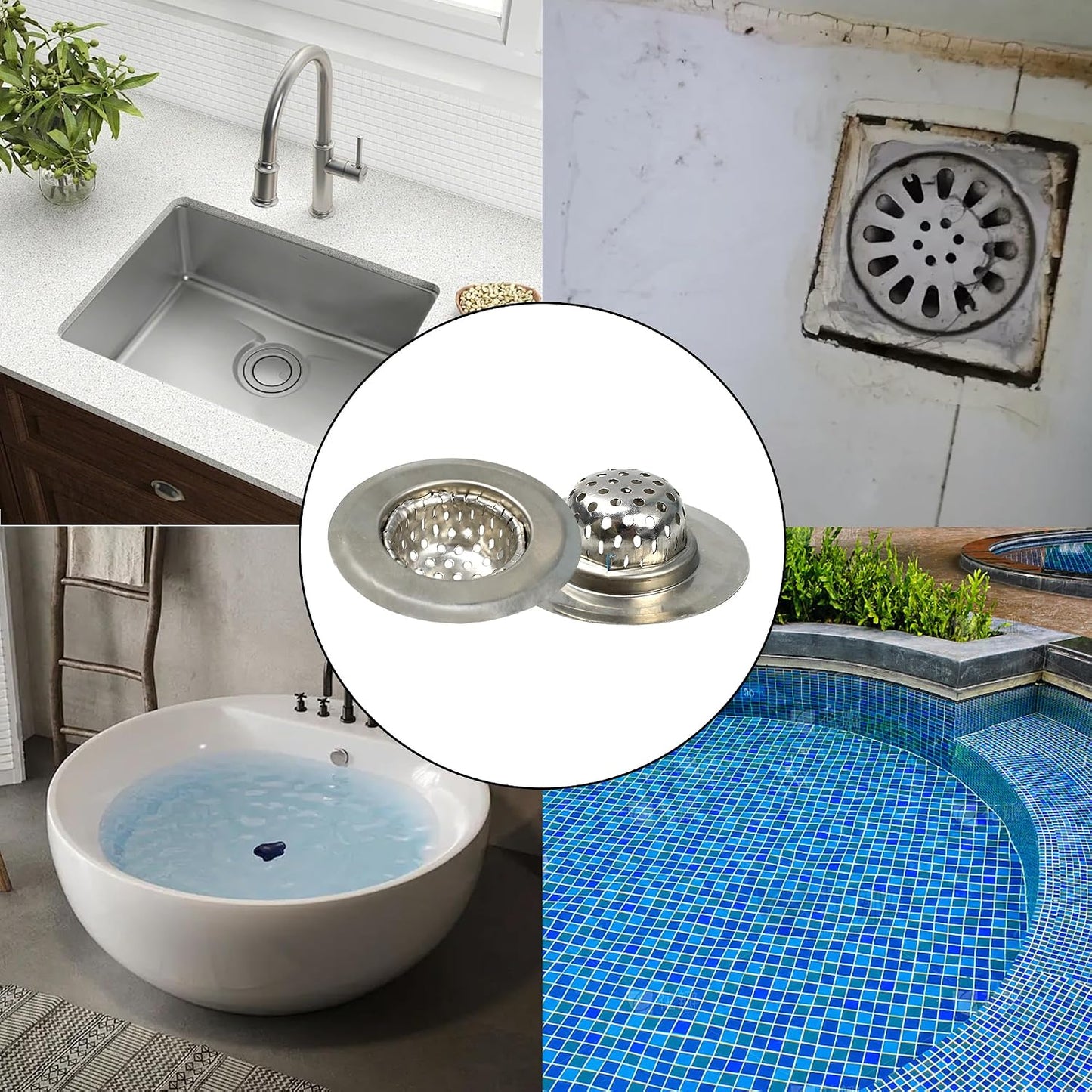 2PCS Kitchen Sink Strainers, 3" Top/1.5" Basket, Stainless Steel Bathtub Drain Strainer, Shower Hair Drain Catcher, Drain Filter Basket