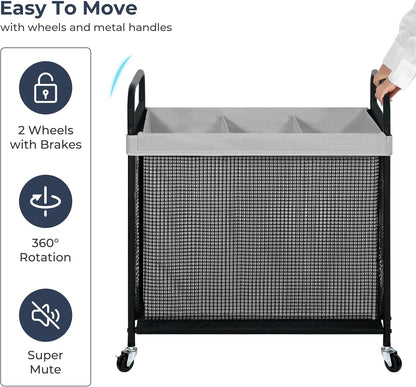 STO STO Laundry Hamper 3 Section, 120L Rolling Laundry Sorter Cart with Removable and Washable Liner Bag, Clothes Hamper with Wheels and Metal Handle for Laundry Room and Bedroom