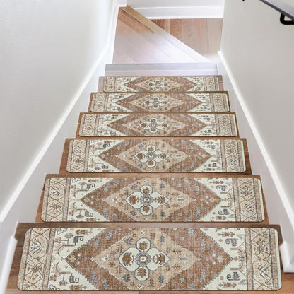 OJIA Non-Slip Carpet Stair Treads for Wooden Steps Set of 15, 30''X8'' Indoor Runner Resistant Rugs Rubber Safety Mats for Dogs, Kids & Elders, Stairway Grip
