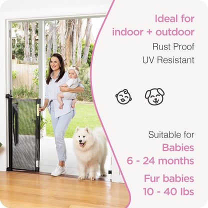 Retractable Baby Gate Perma Child Safety 33" Tall x 55” Wide, Mesh, for Stairs, Doorways, Dogs, Pets, Indoor, Outdoor, One-Handed Operation, Locking, Easy Install, Hardware Mount, White