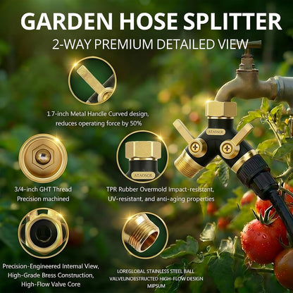 Garden Hose Splitter 2 Way Heavy Duty, Metal Body Water Hose Splitter | with Shut-Off Valve,360° Brass Swivel,3/4'' GHT Connector Full Flow Hose Bib Splitter, For Outdoor Spigot Faucet
