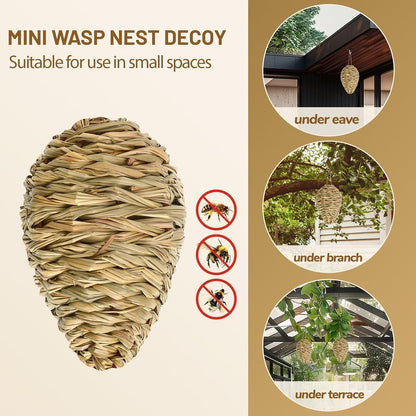 DECYOOL 2 Pack Fake Wasp Nest Decoy, Woven Reed Wasp Hornet Decoys | Hornet Deterrent Artificial Hanging Wasp Hornets Hive for Outdoor Patio Garden and Eave Wasp Yellow Jacket Hornets Protection