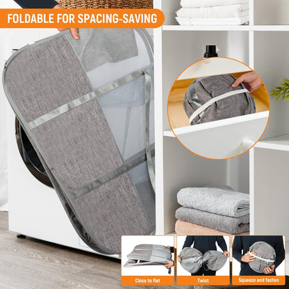 Collapsible Laundry Baskets with 3 Compartment, 150L Tear-proof Pop Up Hamper, Foldable Laundry Basket with Tote Handles, Dirty Clothes Hamper for Laundry, Bedroom, Bathroom, Dorm Grey