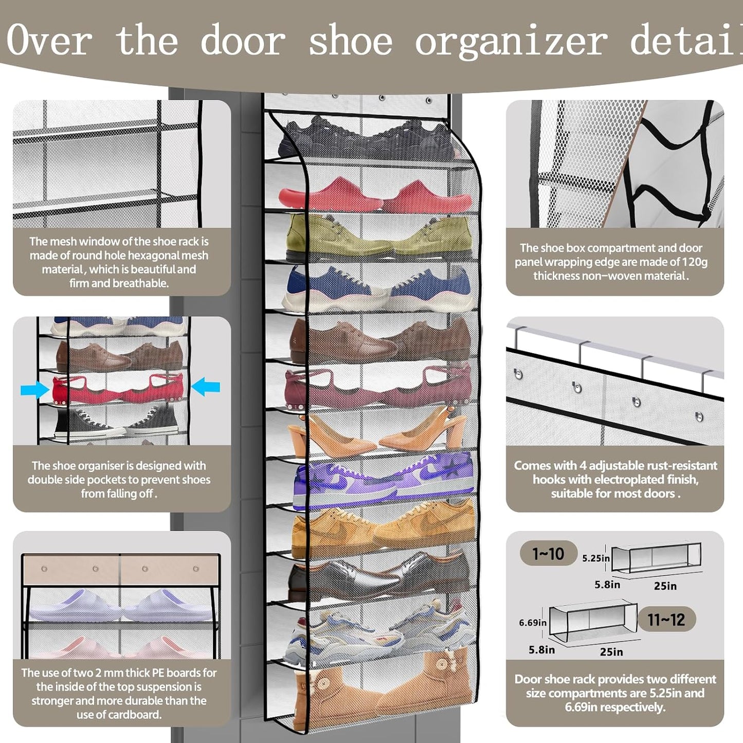 PAULONE 12 Pocket Over the Door Shoe Organizer,Reusable Breathable Large Mesh Bag Men's & Women's Sneaker Organizer,Shoe Organizer for Kids,Hanging Shoe Storage Hanging Bag (White)