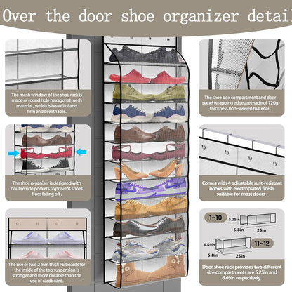 PAULONE 12 Pocket Over the Door Shoe Organizer,Reusable Breathable Large Mesh Bag Men's & Women's Sneaker Organizer,Shoe Organizer for Kids,Hanging Shoe Storage Hanging Bag (White)