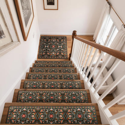 OJIA Floral Stair Treads Non-Slip Stair Runner for Wooden Steps Indoor 15PCS 30"x8" Carpet Stair Treads Stair Mats Staircase Step Treads for Kids, Elders and Dogs, Stair Covers, Black