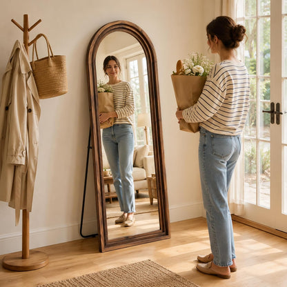Arched Wood Floor Mirror with Stand, 63" x 21" Rustic Walnut Triple-Layer Solid Wood Frame Full Length Body Mirror, Shatterproof Tempered Glass, Wall Mounted or Leaning for Bedroom Entryway
