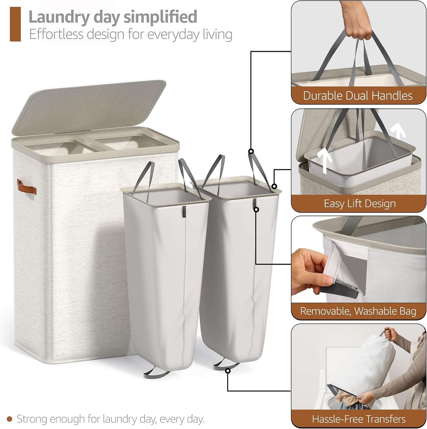 Sorbus Laundry Hamper with Lid - Collapsible 3-Compartment Fabric Laundry Basket with Handles and Removable Laundry Bag – 50 Gallon (190 L) Dirty Clothes Hamper for Bedroom, bathroom and dorm (Beige)
