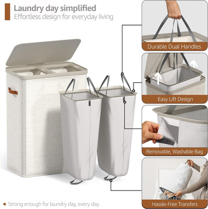 Sorbus Laundry Hamper with Lid - Collapsible 3-Compartment Fabric Laundry Basket with Handles and Removable Laundry Bag – 50 Gallon (190 L) Dirty Clothes Hamper for Bedroom, bathroom and dorm (Beige)