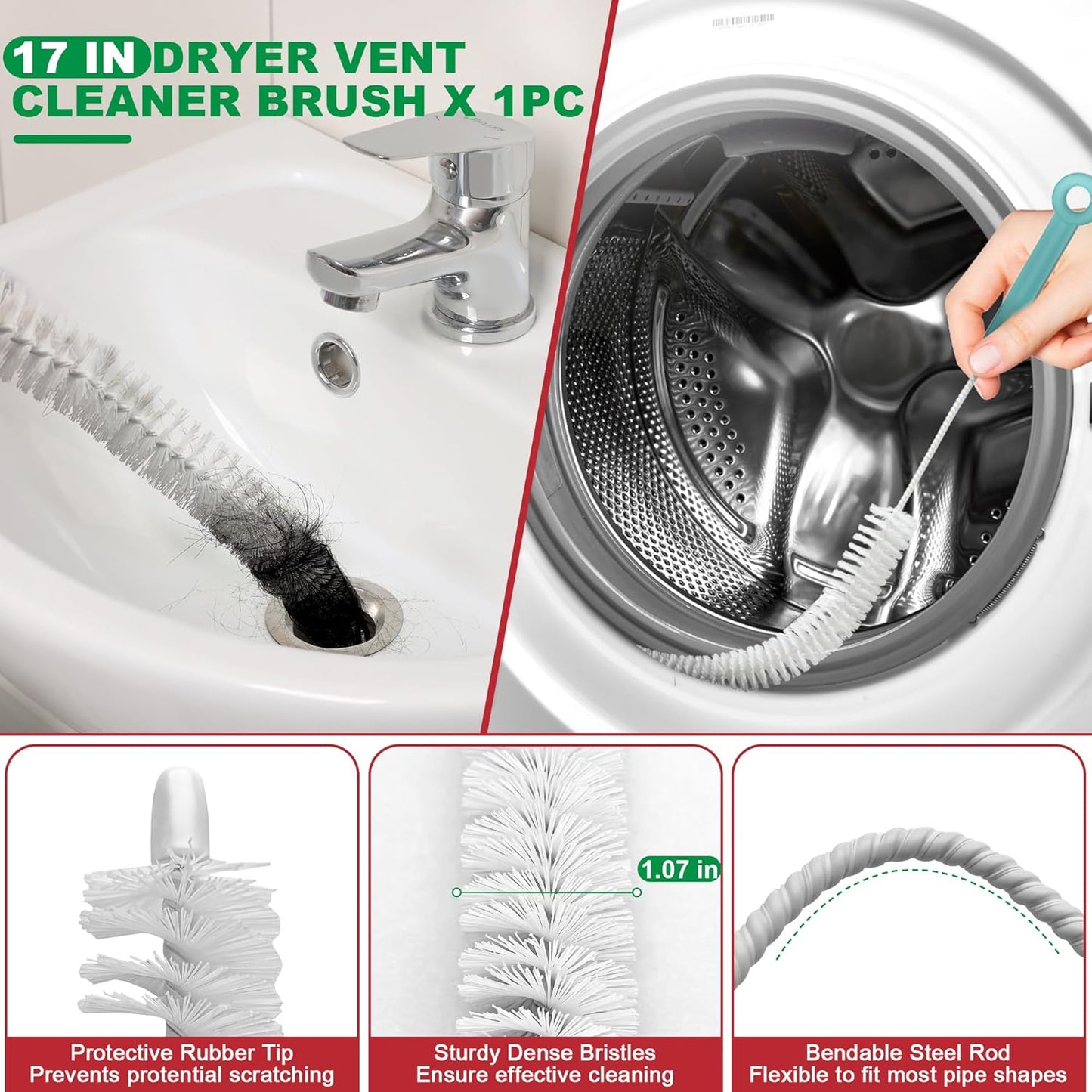 EastLink Drain Snake 18 Set: 35.5" Drain Clog Remover (x1), 30" Steel Hair Snake (x3), 30" PET Sink Snake (x3), 59" Tube Drain Brush (x2), 17" Dryer Vent Cleaner Brush (x1), Straw Cleaner Brush (x8)
