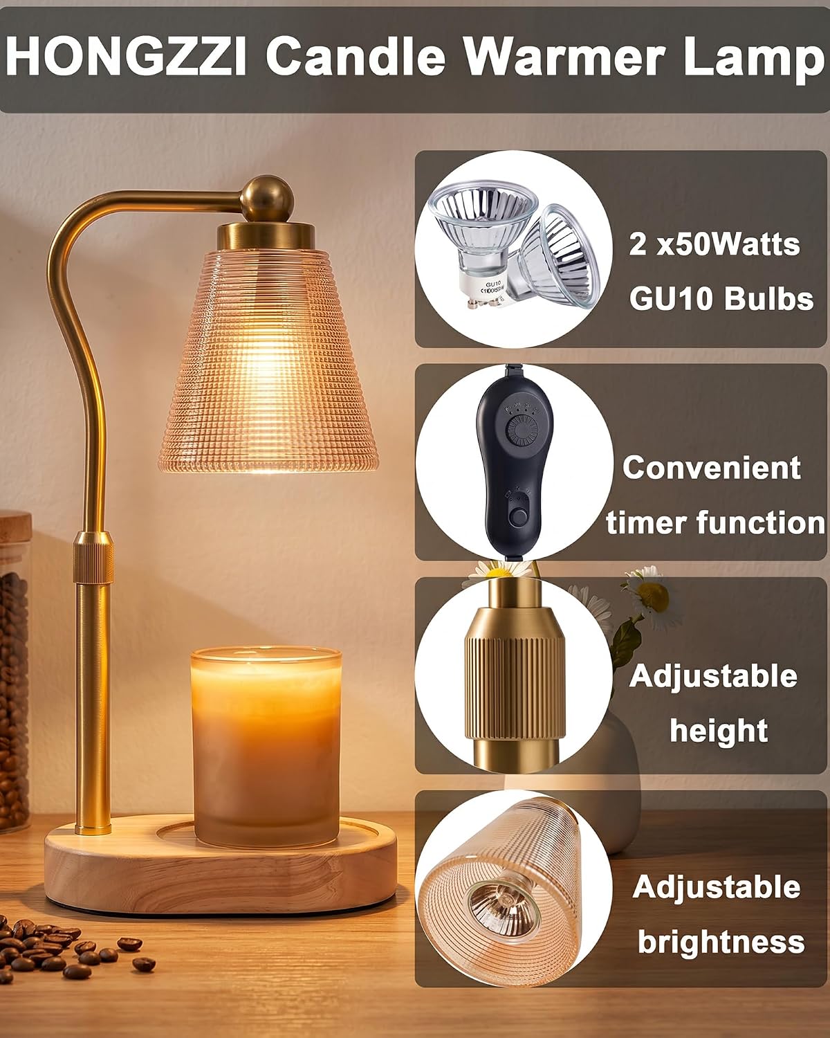 Candle Warmer Lamp with Timer - Adjustable Height & Brightness - Wood Base Glass Shade - 2 Bulbs Included(Square Gold)