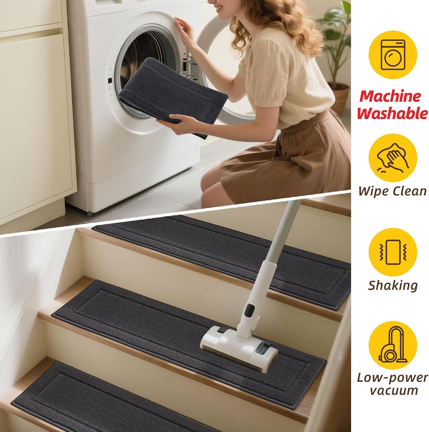 JSEI Stair Treads for Wooden Steps Indoor, 15-Pack Non Slip Stair Treads 30" x 8", Washable Polyester Stair Mats with TPE Backing, Low Profile Stair Rugs for Kids, Seniors and Dogs, Brown