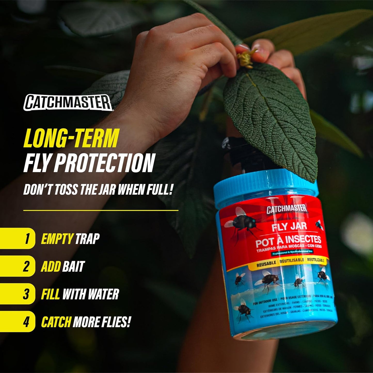 Catchmaster Reusable Outdoor Fly Trap, 2 Hanging Blue Jars with Bait | Catches All Species of Fly, Fly Traps Outdoor w/ Food-based lure, Odor Attracts Flies Away From People, Refill & Reuse