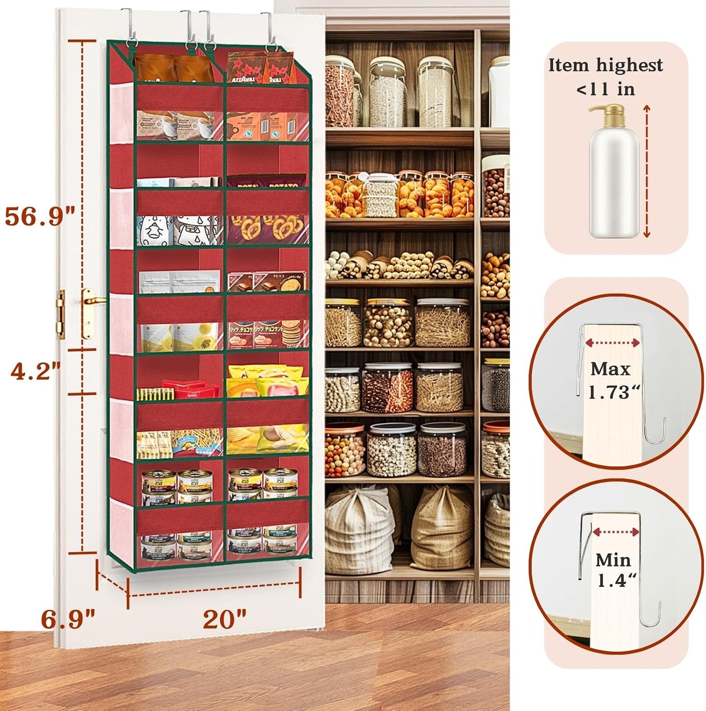 Over The Door Organizer, 5-Tier Extra Large Behind Door Storage with 10 Big Front & 10 Mesh Pockets, 80lb Capacity, Hanging Storage Organizer with Clear Window Kids Toys, Shoes, Diapers, Light Grey