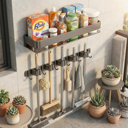 Broom Holder Wall Mount 24 Inch, Heavy-Duty Hooks & Sturdy Anti-Fall Large Capacity Shelf, Holds Brooms, Mops, Vacuums & Cleaning Supplies for Laundry Room, Garage and Closet