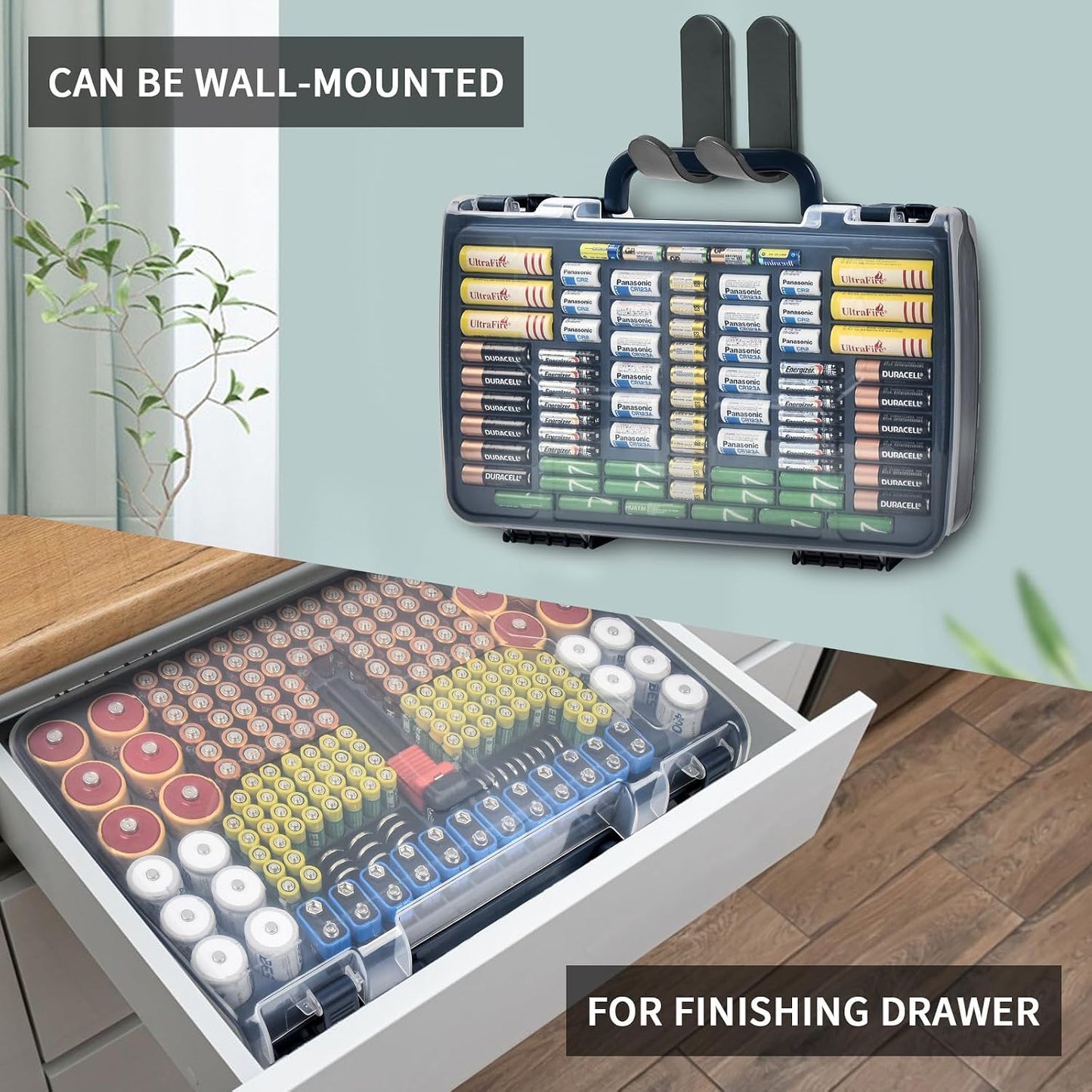 Battery Organizer Storage Case with Tester for 269 Batteries, Double Sides | Plastic, For AA AAA 4A C D Cell 9V 3V LR44 CR2 CR123 CR1632 18650 Button, Wall/Drawer, For Families/DIY/Home/Garage, Grey