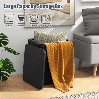 Tangkula 11.5 Gallon Water-proof Deck Box, Outdoor Patio Storage Box w/Removable Lid &, Faux Rattan Storage Container Side Table, All Weather Patio Furniture Extra Seat for Poolside (Brown)