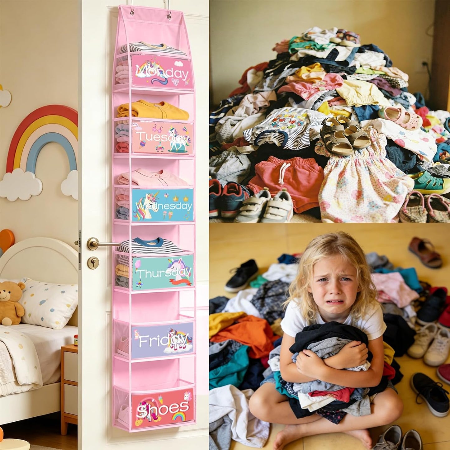2 Pack Weekly Clothes Organizer for Kids, 6 Shelf Hanging Closet Organizer with Clear Window, Foldable Days of the Week Over the Door Outfit Organizer with Labels for Closet School