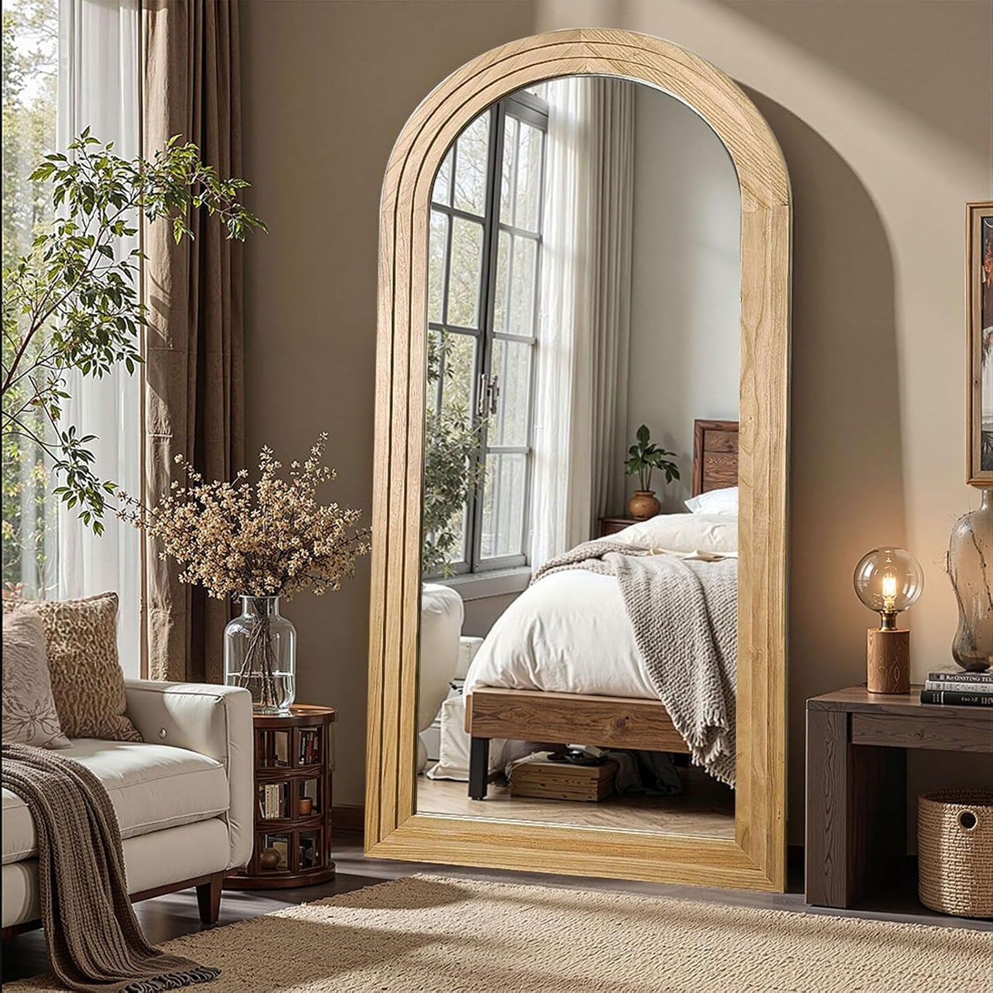 Delma Arched Full Length Floor Mirror with Stand, 75x35 Rustic Farmhouse Solid Wood Frame Wall Mirror for Bedroom, Living Room, Vertical Hanging & Standing(Brown)