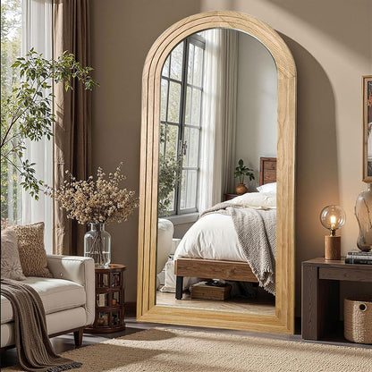 Delma Arched Full Length Floor Mirror with Stand, 75x35 Rustic Farmhouse Solid Wood Frame Wall Mirror for Bedroom, Living Room, Vertical Hanging & Standing(Brown)