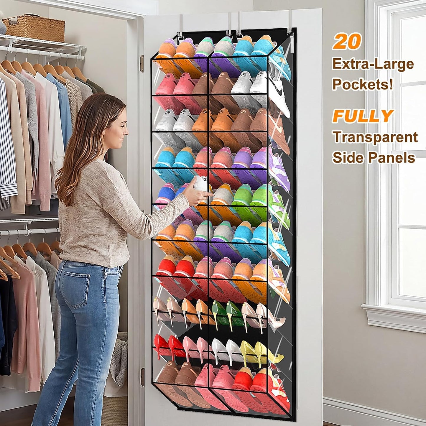 UVIAHOMI 20-30 Pairs Over the Door Shoe Organizer, Clear Pockets Hanging Shoe Storage for Closet, 10-Tier Door Shoes Rack, Handing Shoes Holder Fit All the Family's Sneakers, Boots, Heels, White