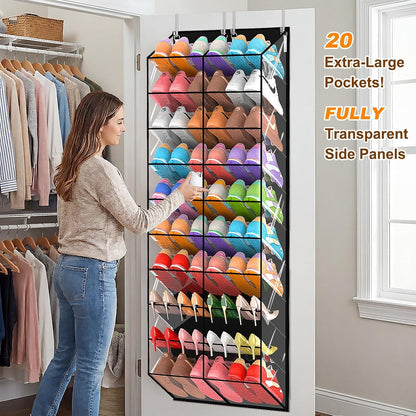 UVIAHOMI 20-30 Pairs Over the Door Shoe Organizer, Clear Pockets Hanging Shoe Storage for Closet, 10-Tier Door Shoes Rack, Handing Shoes Holder Fit All the Family's Sneakers, Boots, Heels, White