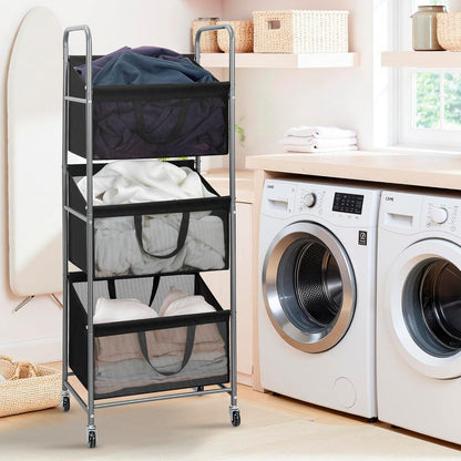 STO STO 3-Tier Vertical Laundry Hamper with Wheels, 120L Rolling Laundry Sorter with 3 Removable Breathable Mesh Bags, Rust-Resistant Steel Frame for Small Spaces, Apartment, Dorm, Black Mesh