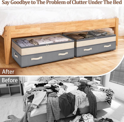 Dolicer 2 Pack Under Bed Storage with Wheels, 6in-10in Height Adjustable Underbed Storage Containers, 92L XXXL Under Bed Drawers Rolling Bin with Clear Lids for Dorm Shoes Clothes Organizers(Grey)