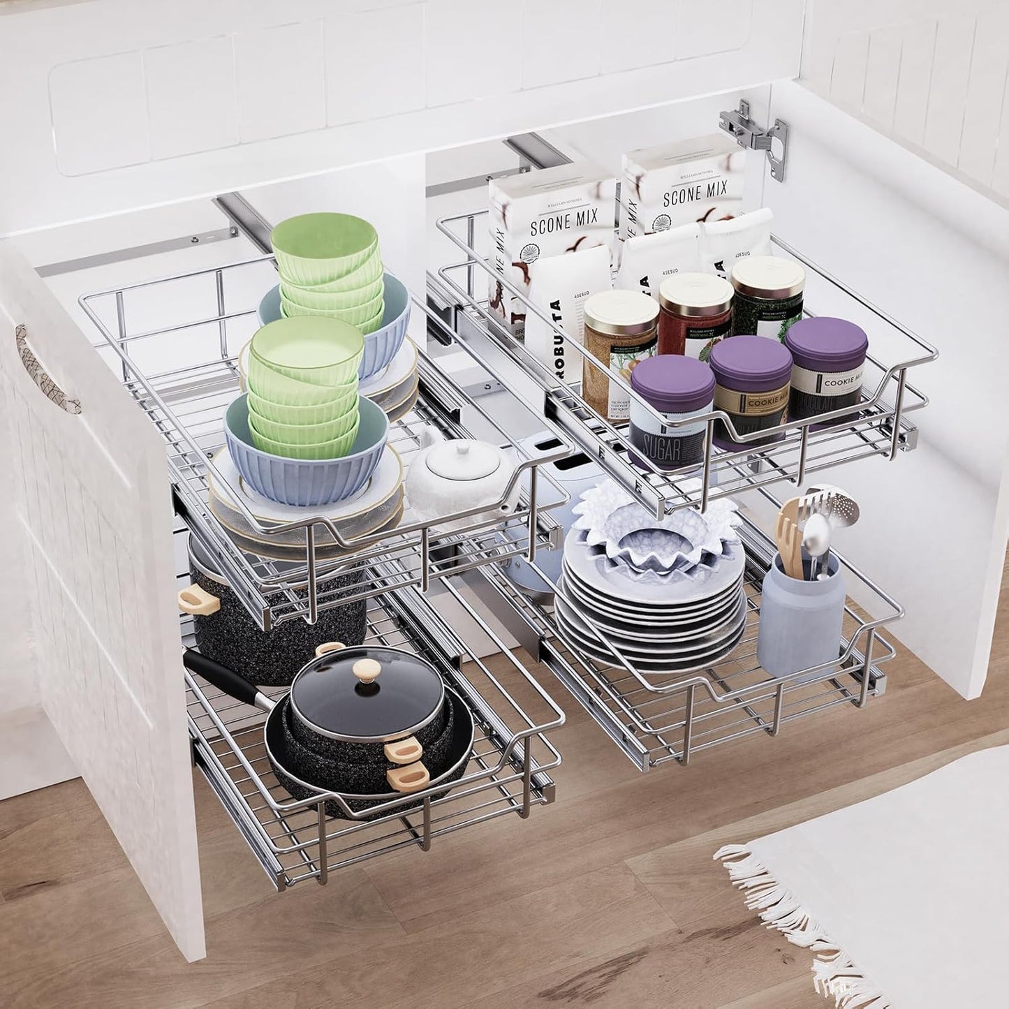 2 Tier Pull Out Cabinet Organizer 11" W X 22" D, Slide Out Drawers For Kitchen Cabinets, Pull Out Drawers For Cabinets Capacity Heavy Duty Caddy, Cabinet Pullout Shelves Chrome-Plated, Bathroom Pantry