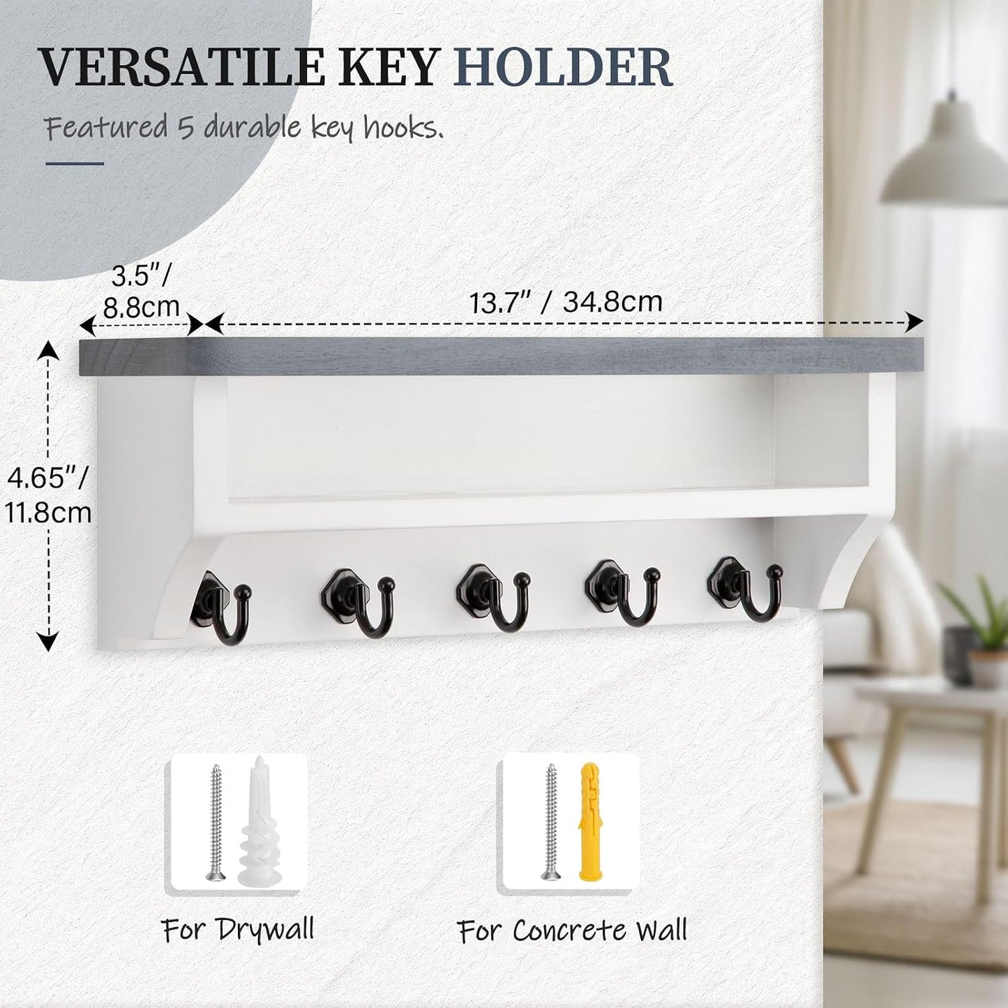 Nekon Key Holder Wall Mount, Wall Organizer Shelf with 5 Key Hooks, Room Decor for Home and Apartment Essentials, White