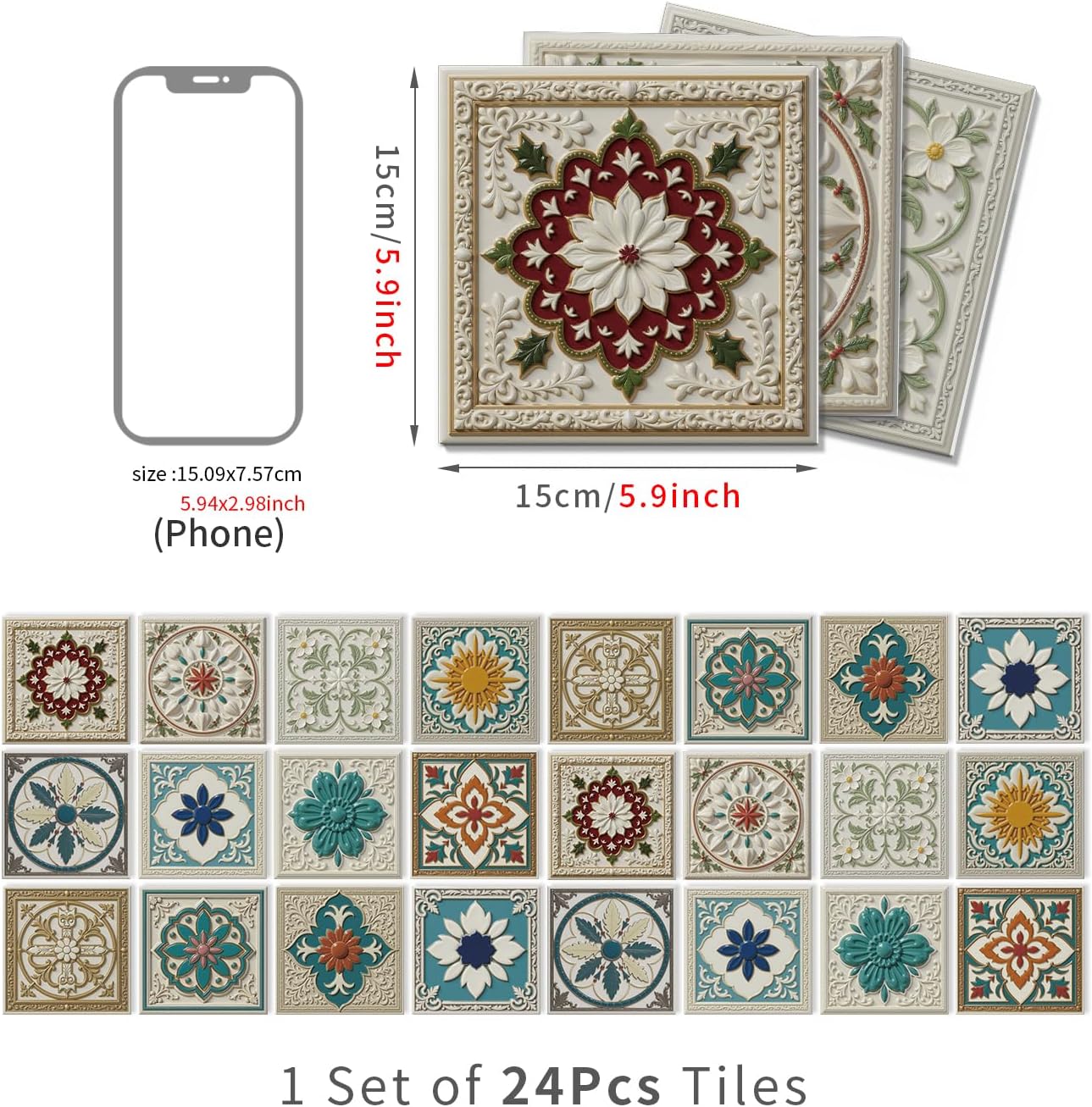 Peel and Stick Backsplash Tile Sticker for Kitchen and Bathroom Walls - 24 Removable 5.9"x5.9" Tiles, Waterproof