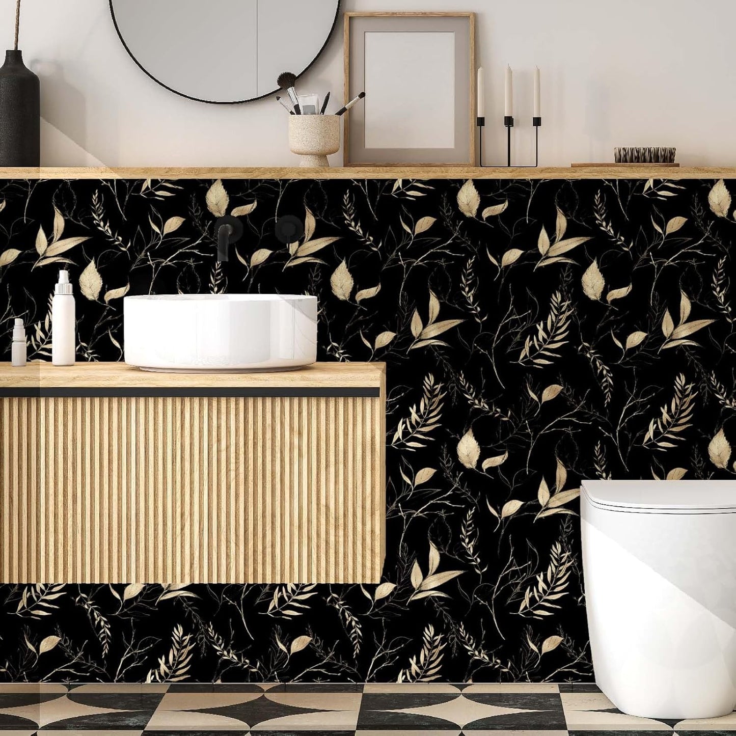 Sage Green and Blue Leaf Peel and Stick Wallpaper Modern Removable Self Adhesive Waterproof Renter Friendly Wall Covering for Bathroom and Accent Walls 17.7in x 88.5in