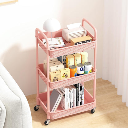 MOYIPIN 3-Tier Plastic Rolling Utility Cart with Handle,Utility Storage Cart for Office, Living Room, Kitchen,Movable Storage Organizer Shelves,White