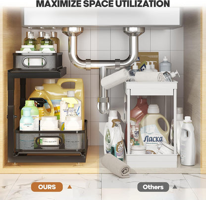 2-Pack Under Sink Storage Organizer with 2-Tier Slide Out Drawer, Sophisticated Mesh Pull Out Shelf for Kitchen & Bathroom, Fits Small Items, Upgraded Arched Track for Smooth Gliding(Patented)