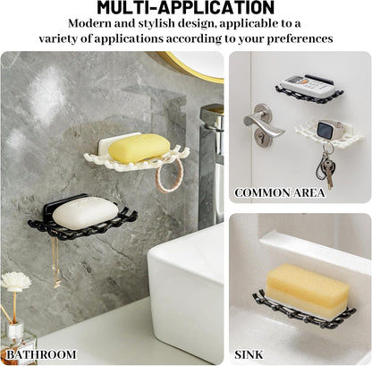 Shower Soap Holder for Wall, Adhesive Bar Soap Dish with Self Draining Grid, Side Hooks and No Drilling Mount, Black, 2 Pack