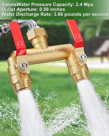 Hose Splitter 2 Way Heavy Duty, Full Flow Garden Hose Splitter with 2 Long Metal Handles, Brass Rust and Freeze Resistant Water Hose Bib Splitter, T Adapter Connector with 3/4 - Inch GHT Thread（Red）