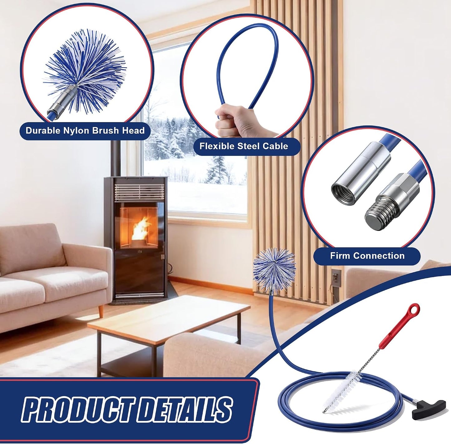 Dreyoo Pellet Stove Cleaning Brush Kit, 20 FT Flexible Steel Rod with 3" Brush Head, T Handle, Multi Purpose Flue Detail Cleaner, Nylon Stove Flue Pipe Kit for Pellet Furnace Exhaust Pipes