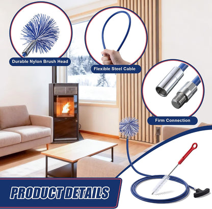 Dreyoo Pellet Stove Cleaning Brush Kit, 20 FT Flexible Steel Rod with 3" Brush Head, T Handle, Multi Purpose Flue Detail Cleaner, Nylon Stove Flue Pipe Kit for Pellet Furnace Exhaust Pipes