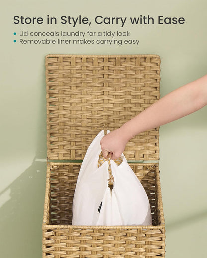 SONGMICS 3-Section Laundry Hamper with Lid, 42.2 Gal (160L) PE Rattan Laundry Basket with Removable Washable Liners, for Bedroom & Living Room, Chestnut Brown ULCB223ME01