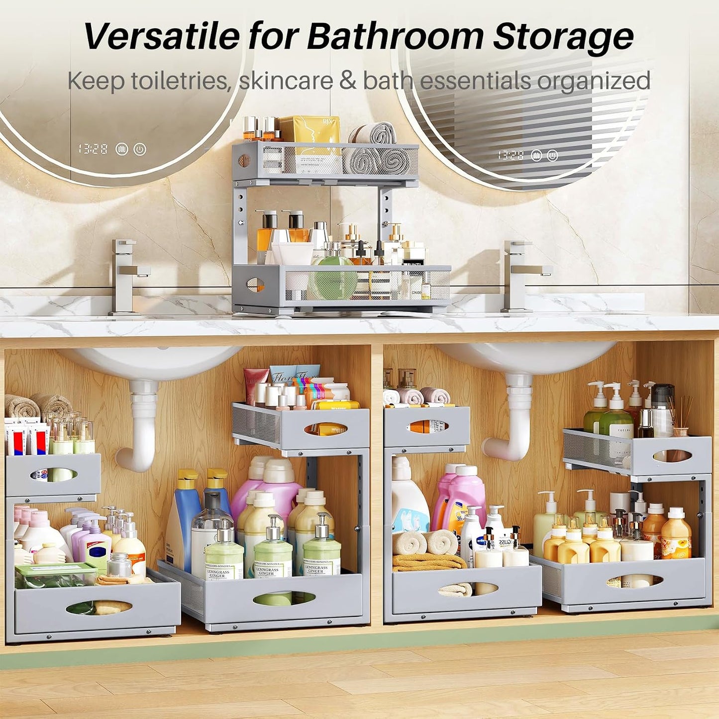 Under Sink Organizer, 2-Pack Pull Out Cabinet Organizer 2 Tier Metal Slide Out Storage Shelf Rack, L-Shaped Adjustable Height,Mesh Sliding Drawer for Kitchen, Bathroom, Laundry, Pantry, White, XL