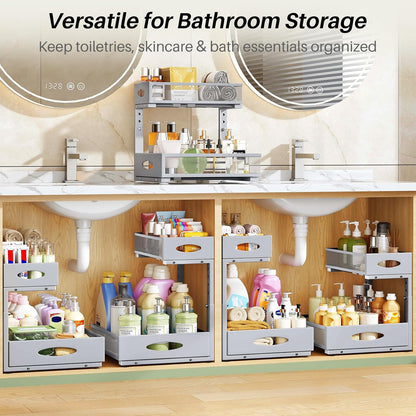 Under Sink Organizer, 2-Pack Pull Out Cabinet Organizer 2 Tier Metal Slide Out Storage Shelf Rack, L-Shaped Adjustable Height,Mesh Sliding Drawer for Kitchen, Bathroom, Laundry, Pantry, White, XL