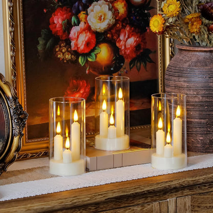 3 in 1 Flameless Taper Short Candles with 10 Key Remote Control and Timer, Battery Operated Pack of 2 LED Acrylic 3" x6" Grey Pillar Flickering Warm Light