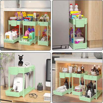 Sevenblue 3-Pack 2-Tier Under Sink Organizers with Sliding Drawers | Multi-use kitchen & bathroom storage, 12.8 inch black cabinet organizer, space-saving sliding drawer design.