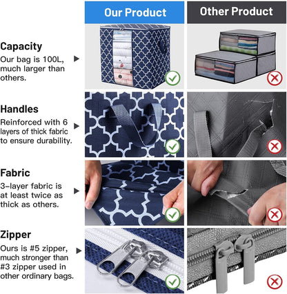 WISELIFE Storage Bags 3 Pack/100L Large Blanket Clothes Organization and Storage Containers for Comforters,Bedding, Foldable Organizer with Reinforced Handle, Clear Window, Sturdy Zippers,Gray