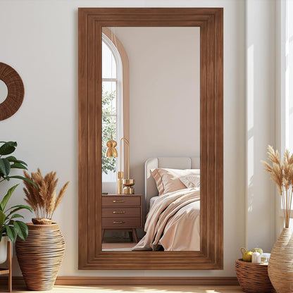 Antok Full Length Mirror with Solid Wood Frame, 71"×32" Wall Mounted Oversized Floor Mirror with Stand, Leaning Standing Hanging for Bedroom Living Room Entryway, Walnut, Arched Syle