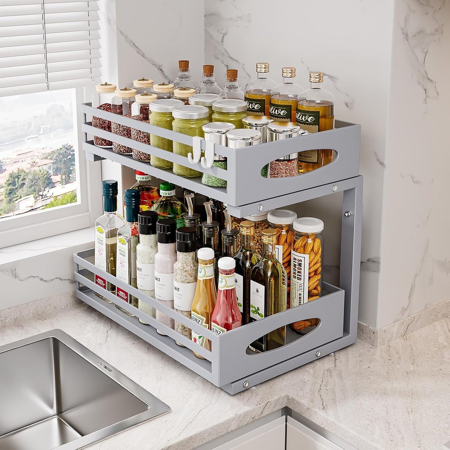 mixeshop Under Sink Organizer, 2 Tier Under Sink Organizers and Storage, Adjustable Height, Slide out Metal Cabinet Organizers, Pull out Cabinet Storage Drawer Shelf for Kitchen Bathroom (Black, 2)